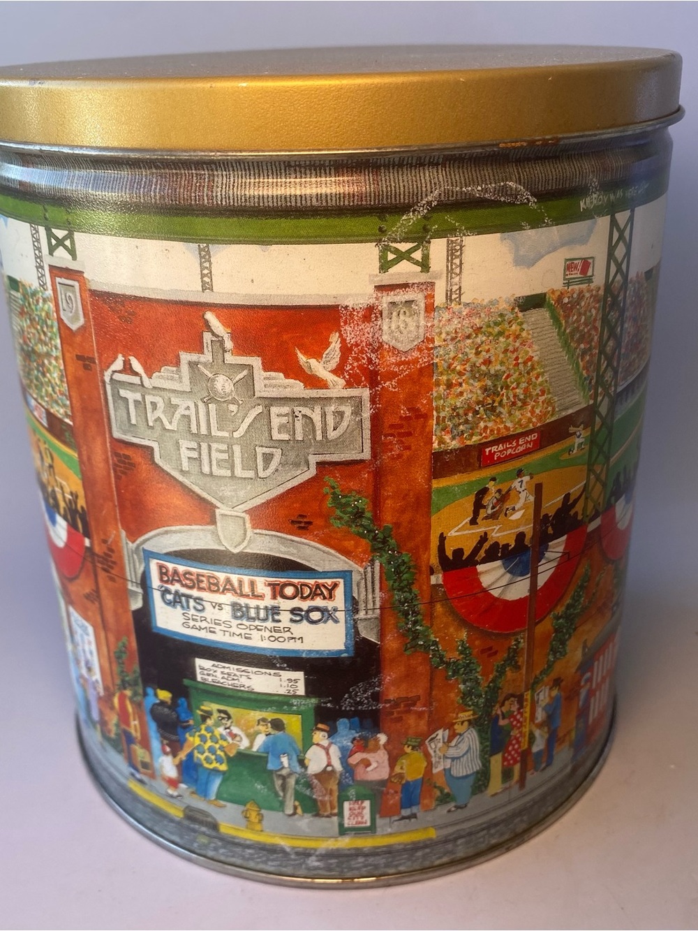 Vintage Baseball Tin Canister Trail’s End Field Sports Stadium Storage Decor